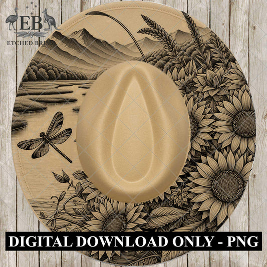 Sunflowers, Mountains and Dragonfly, Hat Burning Design, Laser Engraving Template, PNG, PDF included, EB987