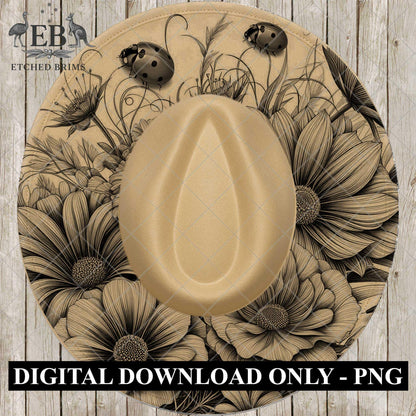 Ladybird Flower Garden, Laser Hat Burning Design, Digital Download PNG, Hat Template, EB1002