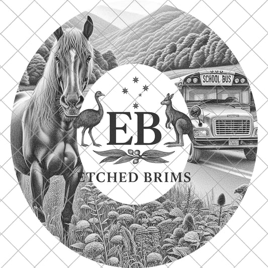 Horse & School Bus Hat Template for Laser Engraving PNG, Western Brim Design, EB1031