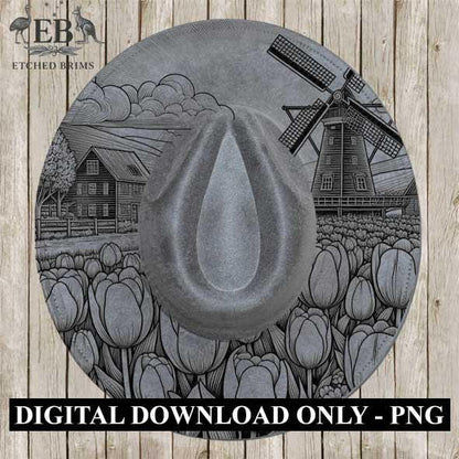 Hat Burning Design, Windmill Hat Burning Template, PNG Digital File with Tulips & Barn, Laser Engraving or Pyrography Download Design, EB370