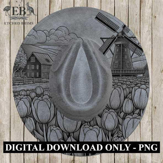 Hat Burning Design, Windmill Hat Burning Template, PNG Digital File with Tulips & Barn, Laser Engraving or Pyrography Download Design, EB370