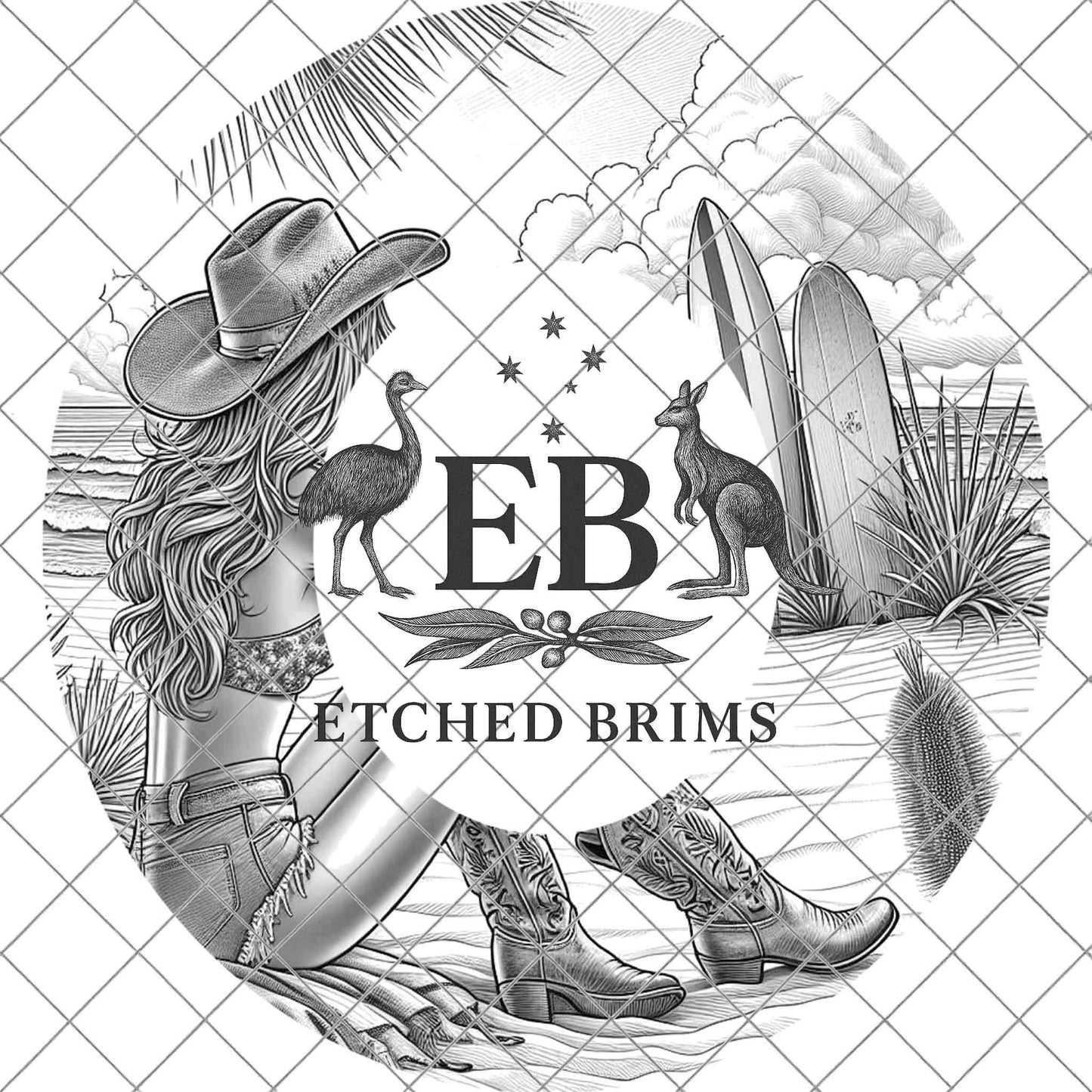 Beach Cowgirl Surfboard 7, Hat Burning Design, Digital Download PNG, Hand Burning Template, Hat Laser Engraving Design, Wide Brim Hat, EB594