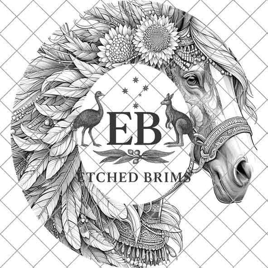 Indian Horse & Feathers 24 Hat Burning Template for Wide Brim Hats. PNG for Laser Engraving and PDF Burning Stencil for Hand Burning, EB557