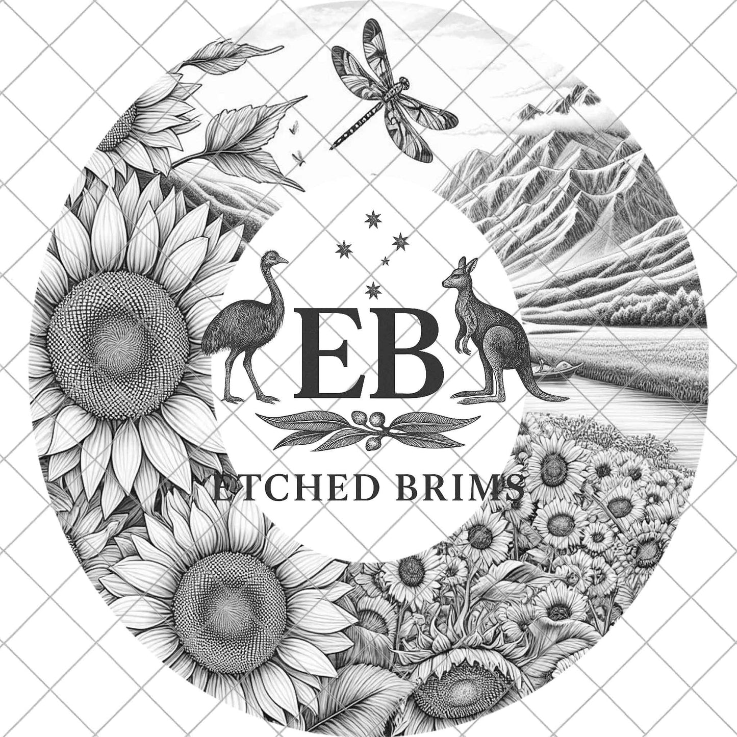 Sunflowers, Dragonfly, Mountain Scenery, Hat Burning Design, Laser Engraving Template, PNG, PDF included, EB991