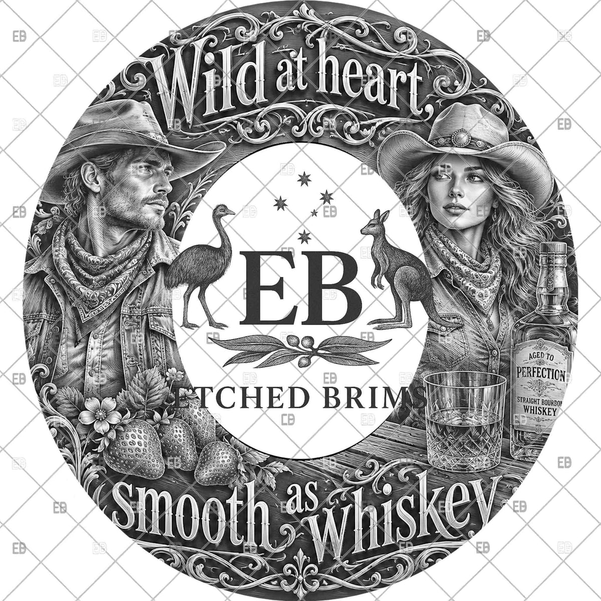 Whiskey Cowgirl and Cowboy, Hat Burning Design, Wide Brim Laser Hat Engraving File, Printable Stencil, EB1375