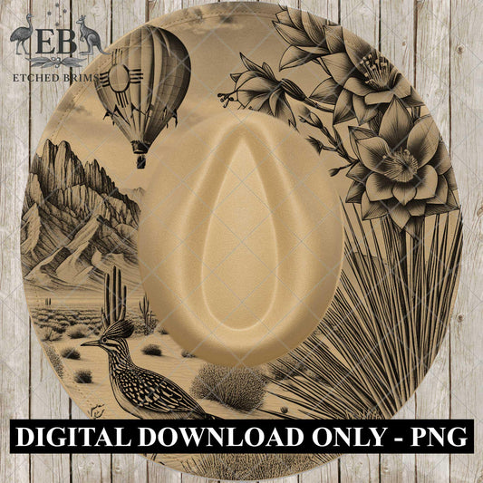 New Mexico Hat Burning Design, Roadrunner Yucca Plant Hot Air Balloon and Zia Symbol, Wide Brim Laser Hat Template, EB971