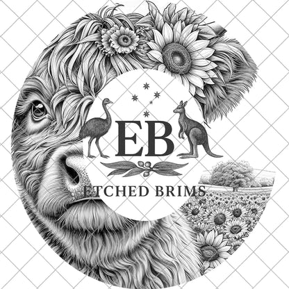 Highland Cow & Sunflowers, Hat Burning Design, Hat Engraving Template, Laser Hat Design, Wide Brim Hat Design, PNG, EB860