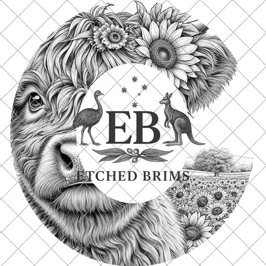 Highland Cow & Sunflowers, Hat Burning Design, Hat Engraving Template, Laser Hat Design, Wide Brim Hat Design, PNG, EB860