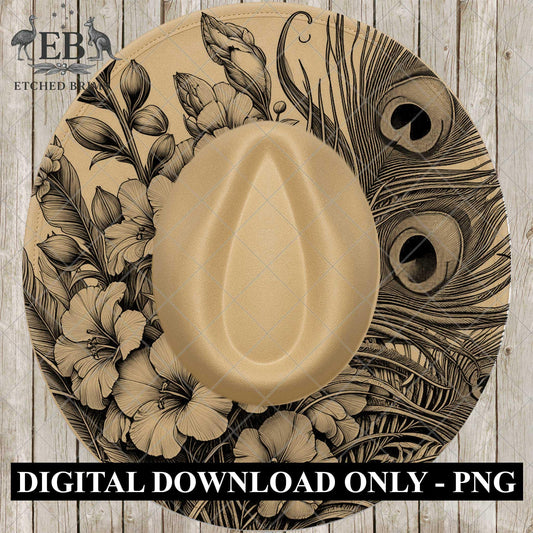 Larkspur Peacock Feather Hat Burning Design, Floral Laser Engraving Template, Cowboy Hat File, EB1036