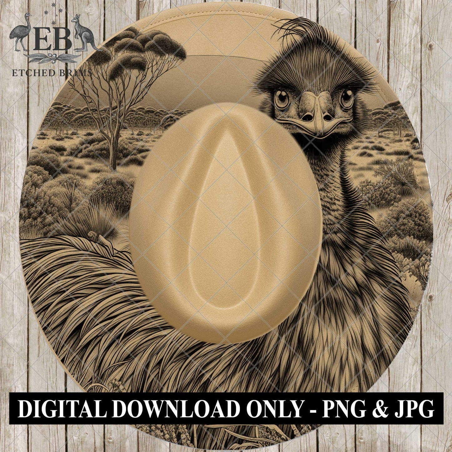 Emu 2 Outback Wildlife Laser Hat Template, Australian Emu in Bush Landscape Engraving File, EB894