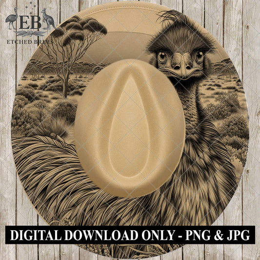 Emu 2 Outback Wildlife Laser Hat Template, Australian Emu in Bush Landscape Engraving File, EB894