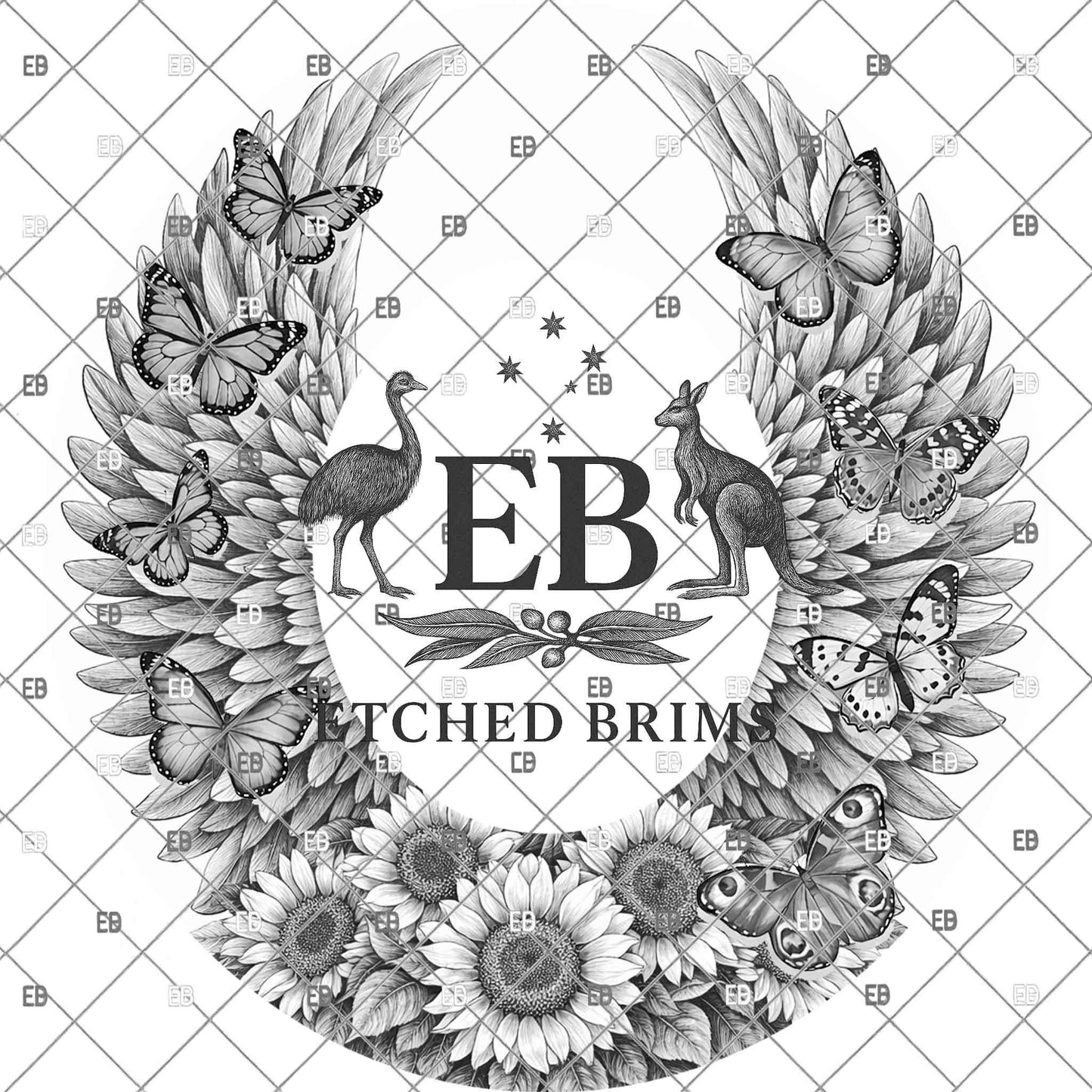 Wings Sunflowers Butterflies, Hat Burning Design, Digital Download PNG, Wide Brim Template, Hat Engraving Design, EB1166A