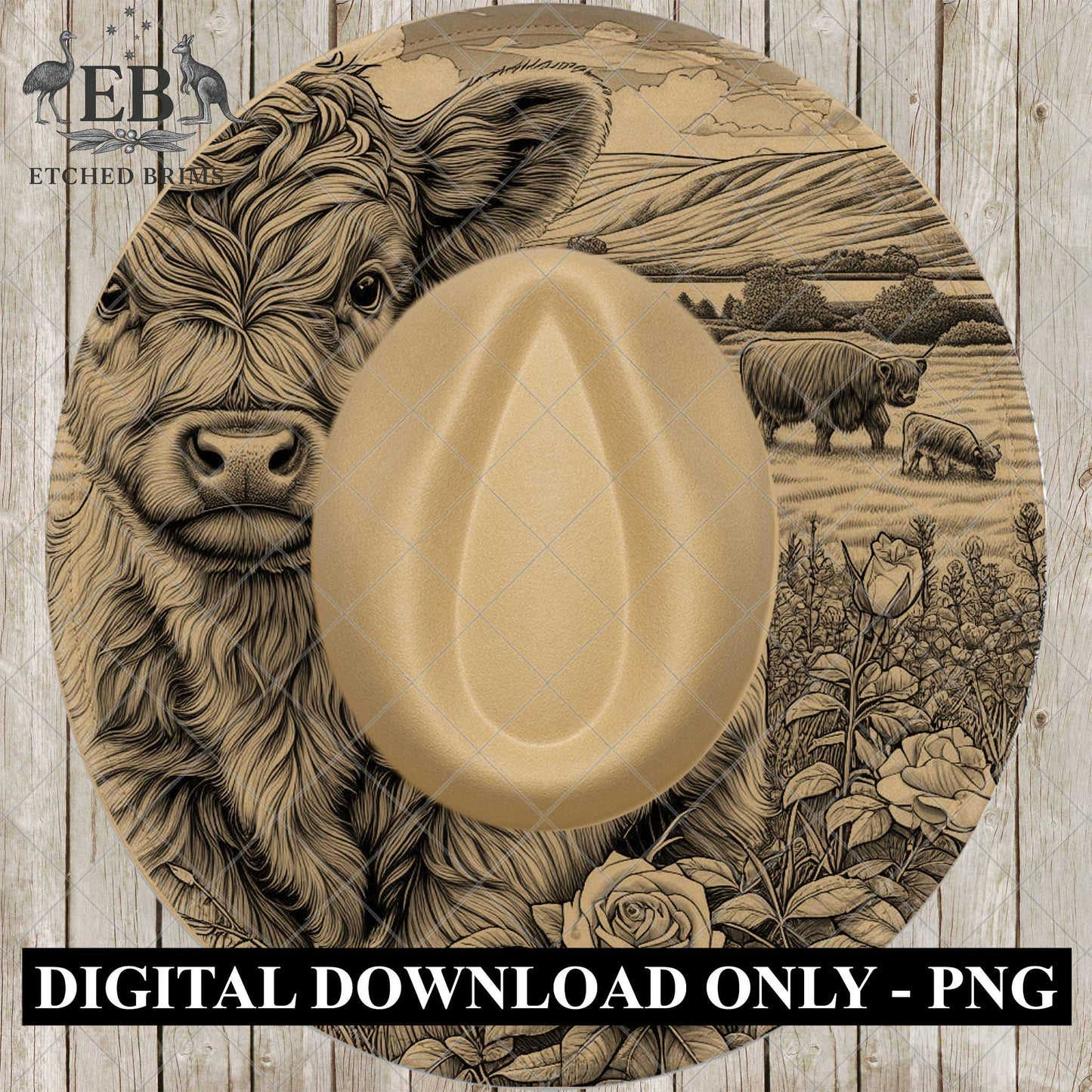 Highland Cow & Roses Wide Brim Hat Template, Burned Hat PNG, Pyrography Hat Design, Hat Burning Design, Laser Hat Design, EB862