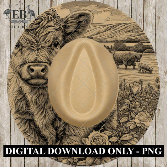 Highland Cow & Roses Wide Brim Hat Template, Burned Hat PNG, Pyrography Hat Design, Hat Burning Design, Laser Hat Design, EB862