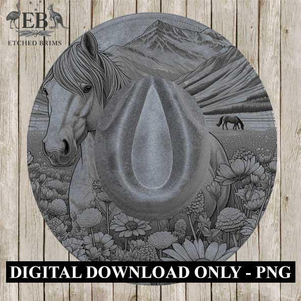 Horse & Wildflowers 10, Mountain Design, Laser Hat Burning Design, Digital Download PNG, Hat Burning Template, Wide Brim Hat File, EB367