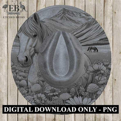 Horse & Wildflowers 10, Mountain Design, Laser Hat Burning Design, Digital Download PNG, Hat Burning Template, Wide Brim Hat File, EB367