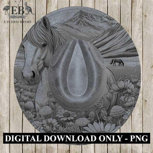 Horse & Wildflowers 10, Mountain Design, Laser Hat Burning Design, Digital Download PNG, Hat Burning Template, Wide Brim Hat File, EB367