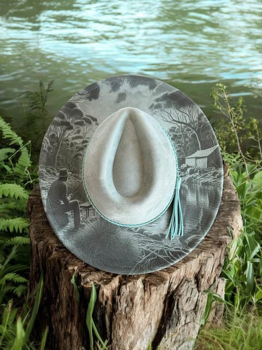 The Bushman’s Retreat - Engraved Fishing Camping Scene Wide Brim Hat, Vegan Suede Fedora Hat, Laser Engraved, Cowboy Hat, Burned Fedora