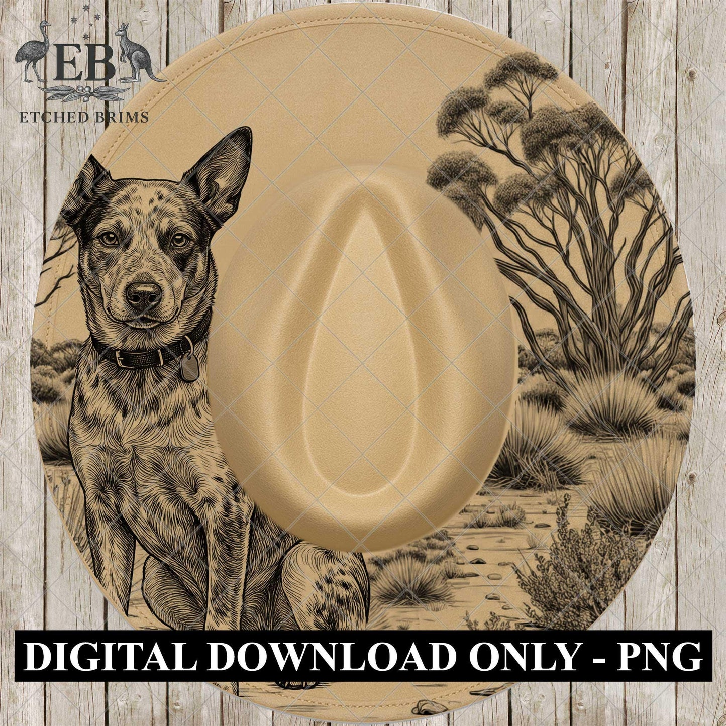 Blue Heeler Dog, Hat Burning Design, PNG for Laser Engraving, Farm Dog PNG, Wide Brim Fedora EB1063