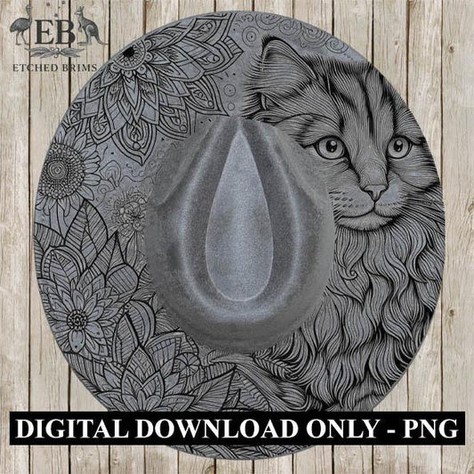 Cat & Mandala Flowers, Laser Hat Burning Design, Digital Download PNG, Hat Burning Template, Hat Laser Engraving Design, Wide Brim Hat EB17