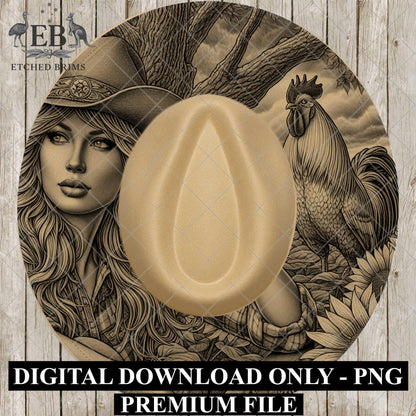 Cowgirl Rooster & Sunflowers, Hat Burning Design, Wide Brim Hat Design, Digital Download PNG, PDF, Hat Burning Template, EB875