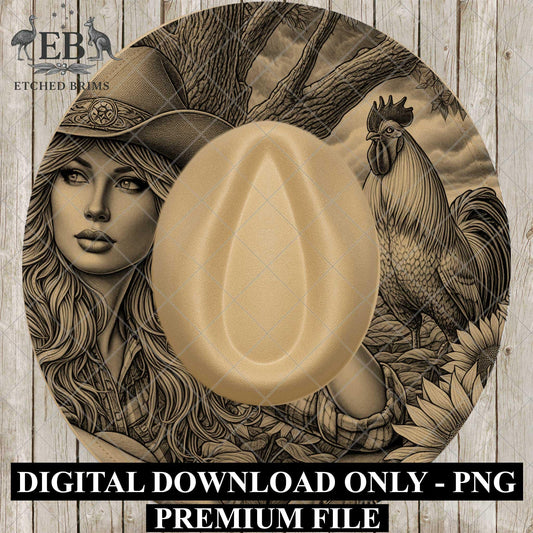 Cowgirl Rooster & Sunflowers, Hat Burning Design, Wide Brim Hat Design, Digital Download PNG, PDF, Hat Burning Template, EB875