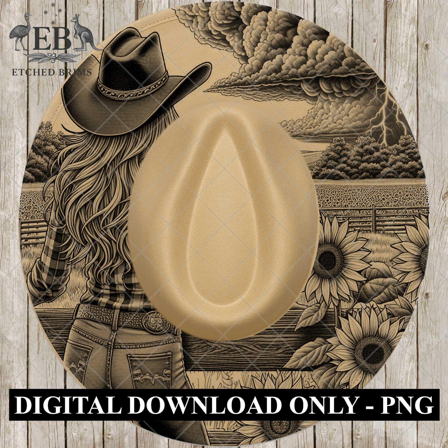 Cowgirl & Sunflowers 4, Hat Burning Design, Wide Brim Hat Burning Template, Laser Hat Engraving Template, Printable Stencil, EB765