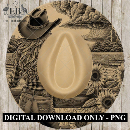 Cowgirl & Sunflowers 4, Hat Burning Design, Wide Brim Hat Burning Template, Laser Hat Engraving Template, Printable Stencil, EB765