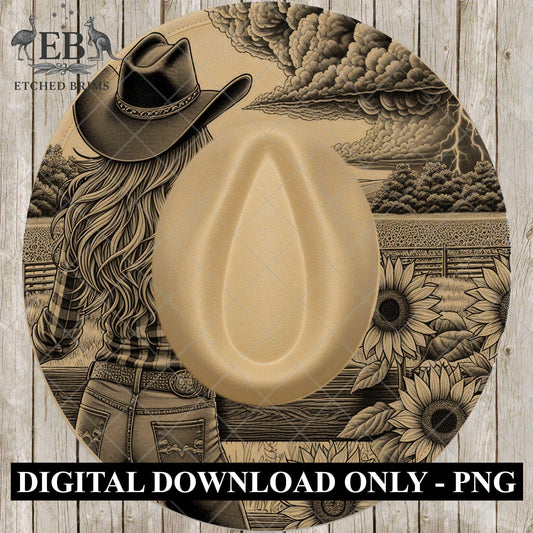 Cowgirl & Sunflowers 4, Hat Burning Design, Wide Brim Hat Burning Template, Laser Hat Engraving Template, Printable Stencil, EB765