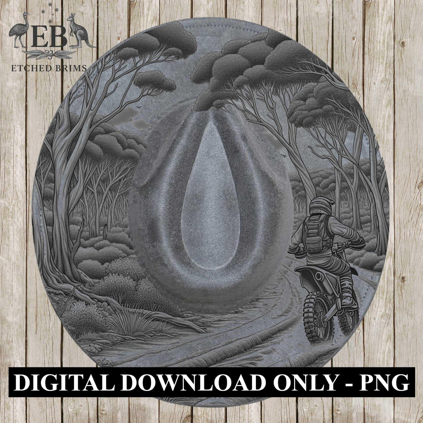 Dirt Bike Rider in the Bush 14, Hat Burning Design, Digital Download PDF & PDF Hand Burning, Wide Brim Hat, Printable Hat Stencil, EB620