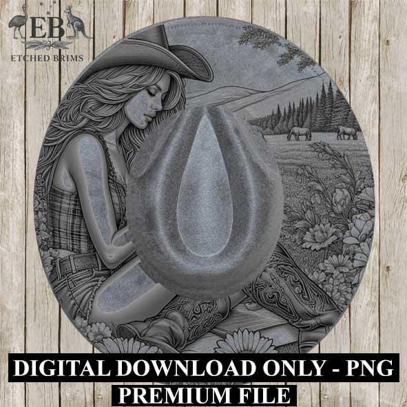 Hat Burning Design, Cowgirl & Flowers 4, Hat Engraving Template, BOHO, Laser Hat Burning, PNG File, Printable PDF, Western Hat Design, EB327