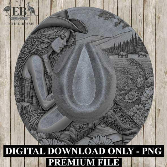 Hat Burning Design, Cowgirl & Flowers 4, Hat Engraving Template, BOHO, Laser Hat Burning, PNG File, Printable PDF, Western Hat Design, EB327