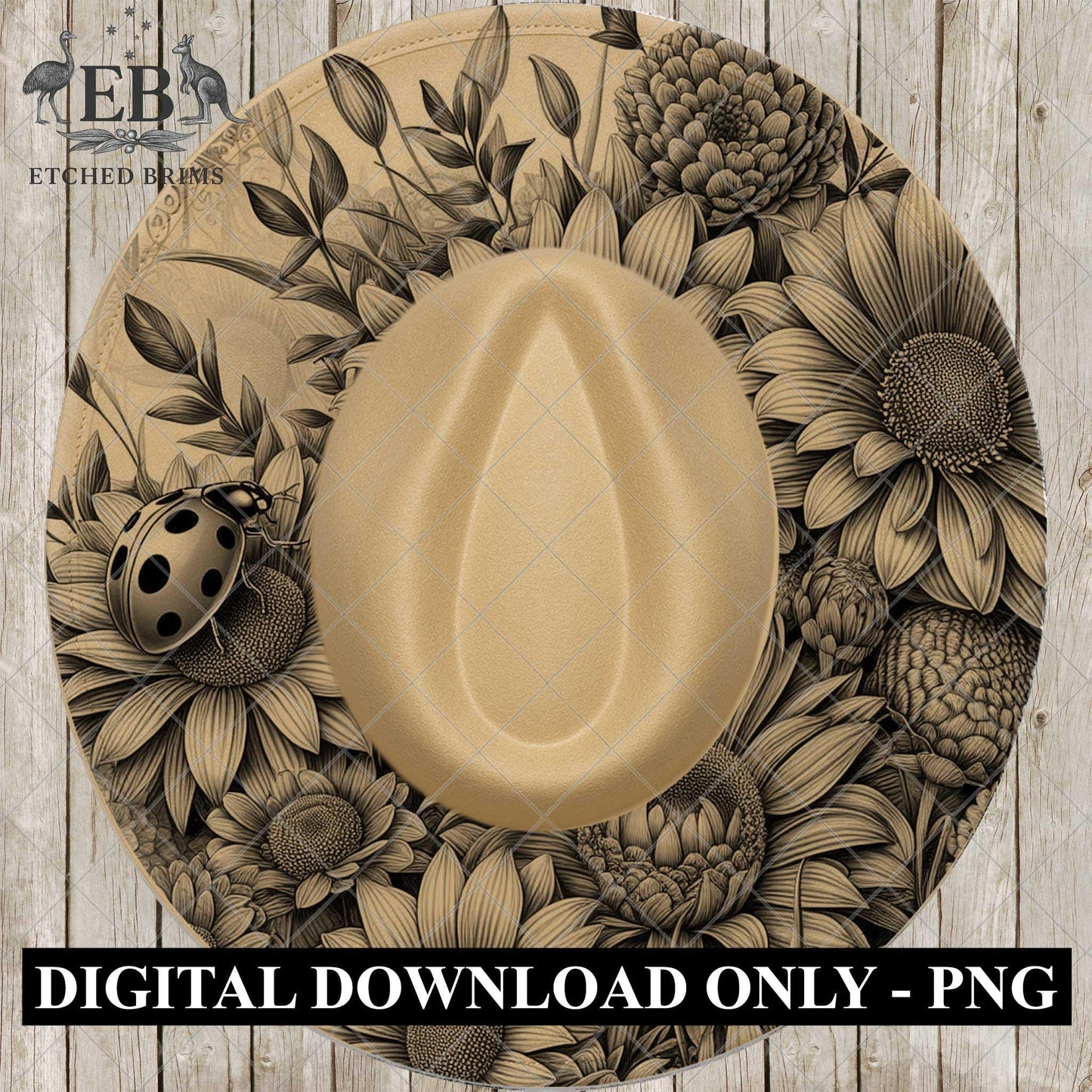 Ladybird Wide Brim Hat Burning Design, Garden Flowers, Laser Template, Digital Download PNG, EB1005