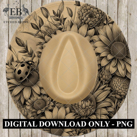Ladybird Wide Brim Hat Burning Design, Garden Flowers, Laser Template, Digital Download PNG, EB1005