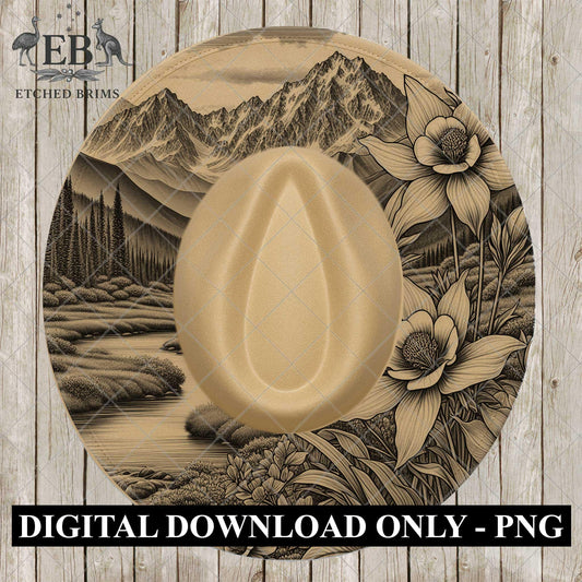 Columbine Flowers & Mountain River,  Hat Engraving, Digital Download PNG, Hat Burning Design, Laser Engraving Template, Wide Brim, EB1084