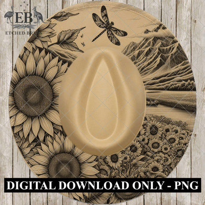 Sunflowers, Dragonfly, Mountain Scenery, Hat Burning Design, Laser Engraving Template, PNG, PDF included, EB991