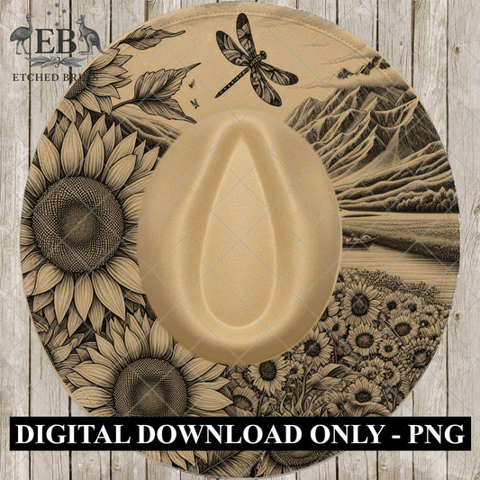 Sunflowers, Dragonfly, Mountain Scenery, Hat Burning Design, Laser Engraving Template, PNG, PDF included, EB991