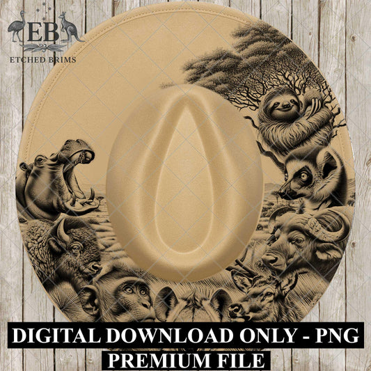 Safari Animals, Hat Burning Design, Western Laser Engraving Template for Wide Brim Fedora, EB854