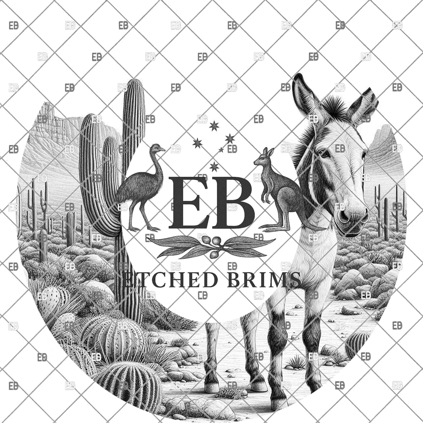 Desert Mule Hat Engraving, Western Fedora Brim with Desert Mountains & Cactus Scene, EB1193