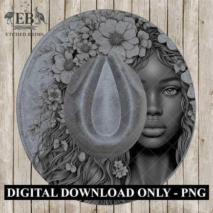 Girl & Flowers 26, Boho Woman Hat Engraving Template, Floral Hair PNG for Brim Burning, Western Hat Design, Digital File for Burners EB524