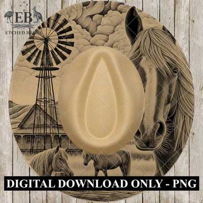 Windmill and Horses, Hat Burning Design, Outback Homestead, Rustic Western Country Farm, Laser Engraving Template for Wide Brim Hats, EB1041