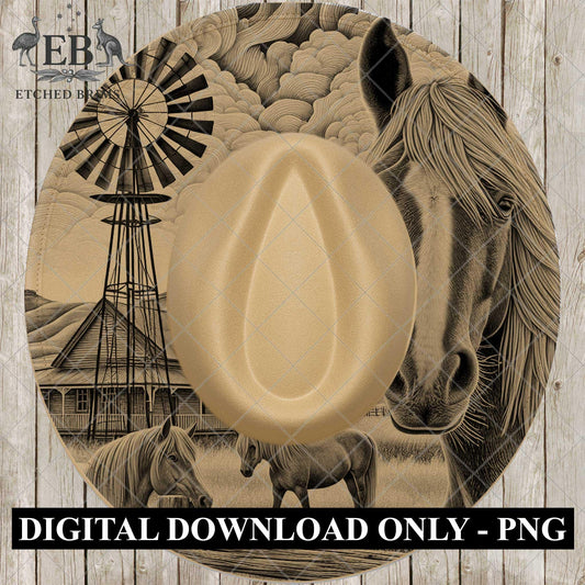 Windmill and Horses, Hat Burning Design, Outback Homestead, Rustic Western Country Farm, Laser Engraving Template for Wide Brim Hats, EB1041