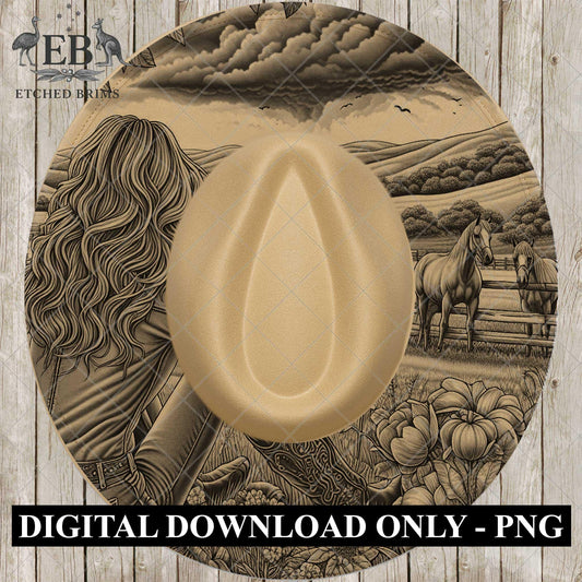 Cowgirl & Horses, Hat Burning Design, Digital Download PNG, Hat Burning Template, Hat Laser Engraving Design, Printable Stencil, EB758
