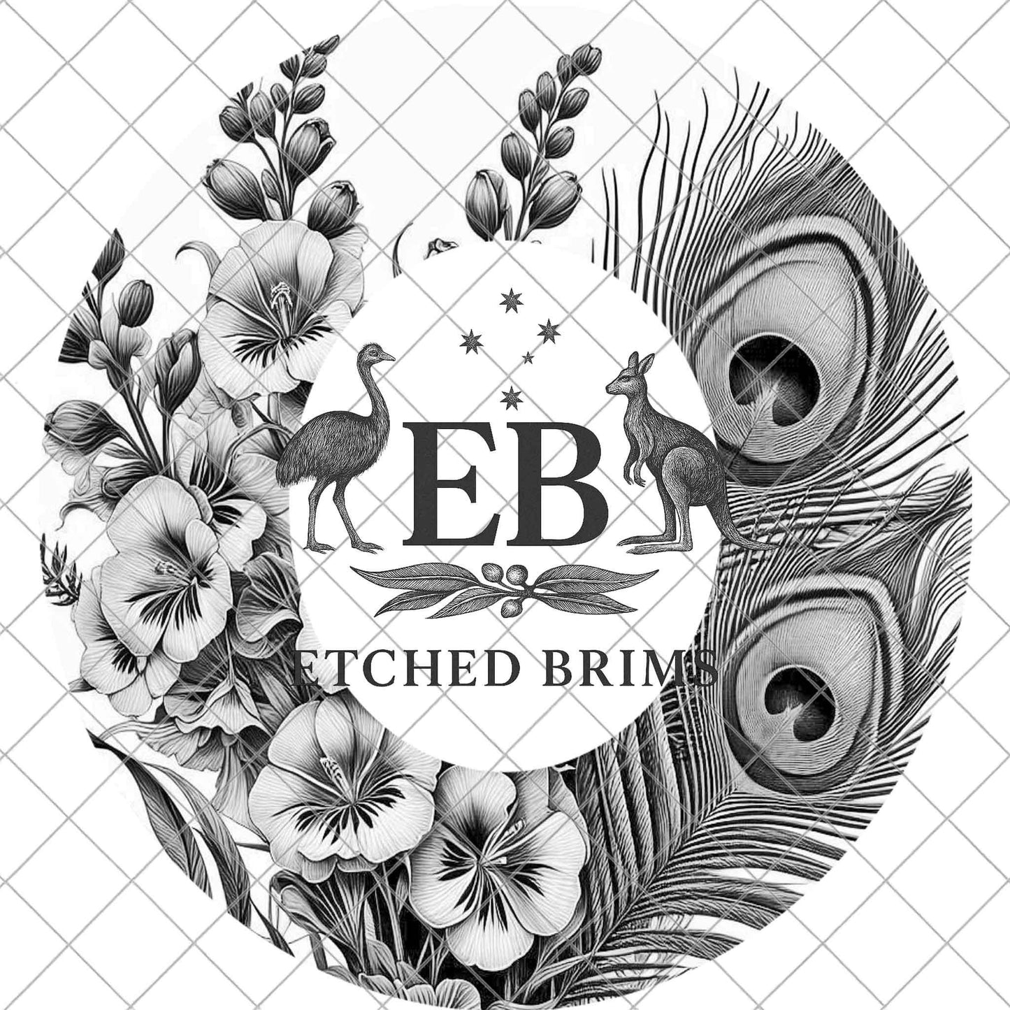 Larkspur Peacock Feather Brim Template, Laser Engraving PNG, Hat Burning Design EB1032