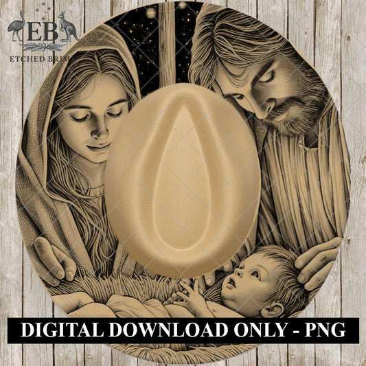 Mary Joseph Baby Jesus, Hat Engraving Template, Nativity Scene Holy Family Laser Etching Design for Wide Brim Hats, EB906