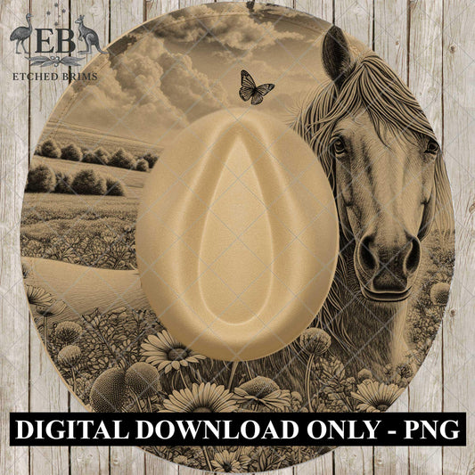 Horse Wildflowers and Butterfly Hat Burning Design, Laser Engraving File for Wide Brim Cowboy Hat, EB975