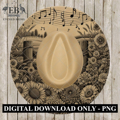 Wildflowers & Country Music, Hat Burning Design, Fedora Hat Laser Engraving Template, PNG PDF, EB1057