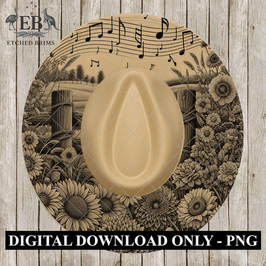 Wildflowers & Country Music, Hat Burning Design, Fedora Hat Laser Engraving Template, PNG PDF, EB1057