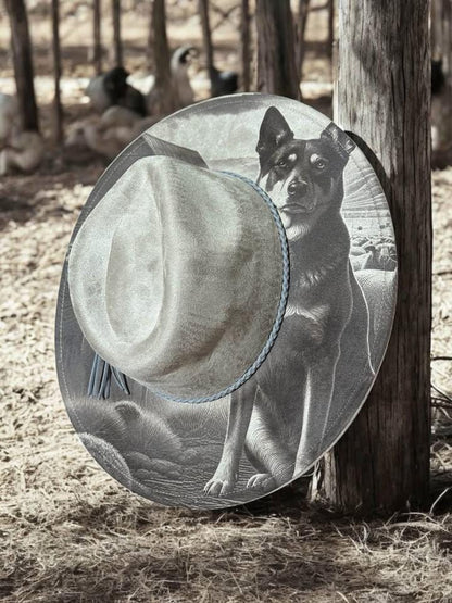 Sheepdog Spirit - Engraved Kelpie Wide Brim Hat, Vegan Suede Fedora Hat, Laser Engraved, Cowboy Hat, Burned Fedora, Kelpie Design