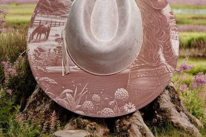 Cowgirl Dreams - Country Engraved Wide Brim Hat, Vegan Suede Fedora Hat, Laser Engraved, Cowboy Hat, Burned Fedora, Cowgirl Design